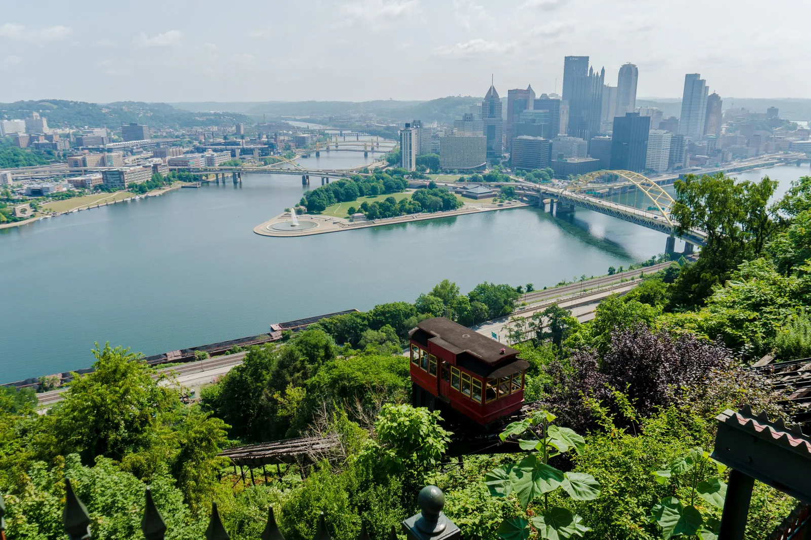 Aerial view of Pittsburgh's three rivers and downtown skyline