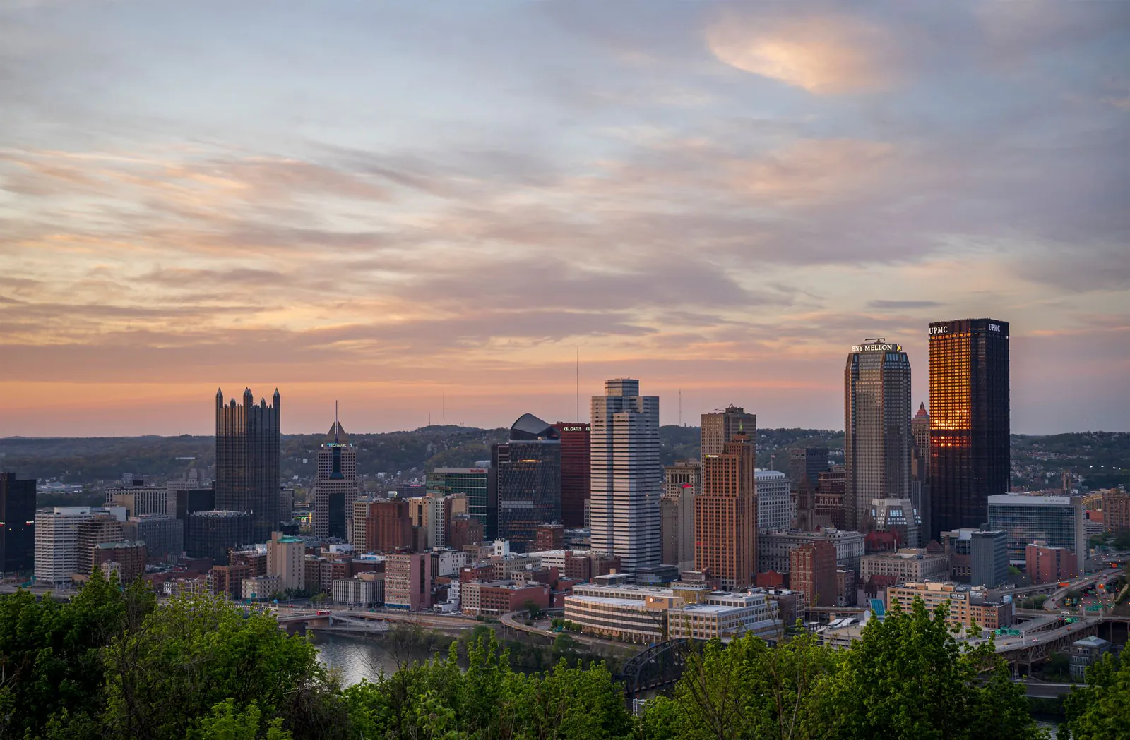 Pittsburgh skyline at sunset